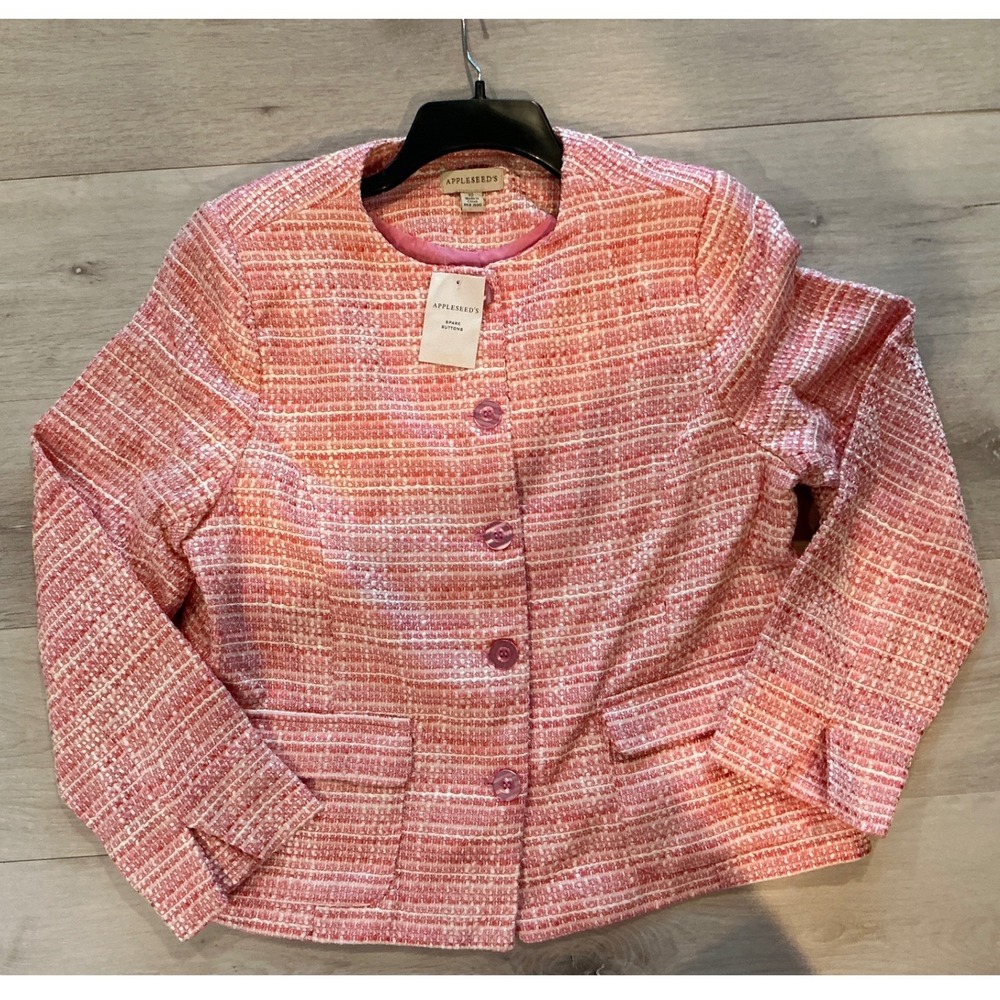 Appleseeds‎ Pink White Tweed Round Neck Button Front Blazer Jacket Women's L NWT